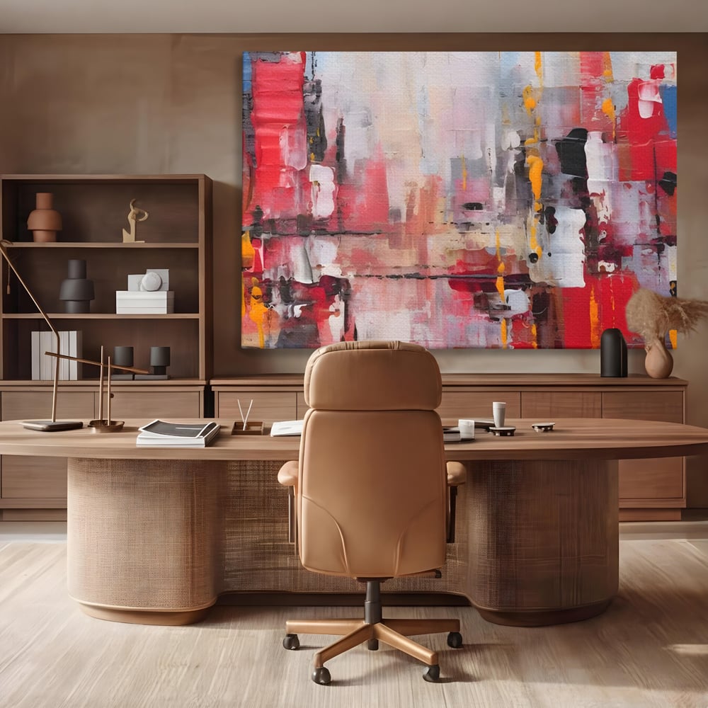 Tablou canvas cu pictura abstracta cu pete de rosu si galben, fara rama, pe sasiu de lemn, pe perete intr-un birou